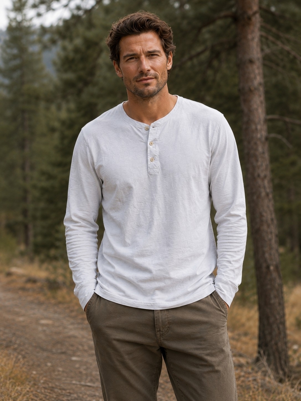 J.Crew Men's White Long Sleeve Henley Shirt Size L Casual Cotton